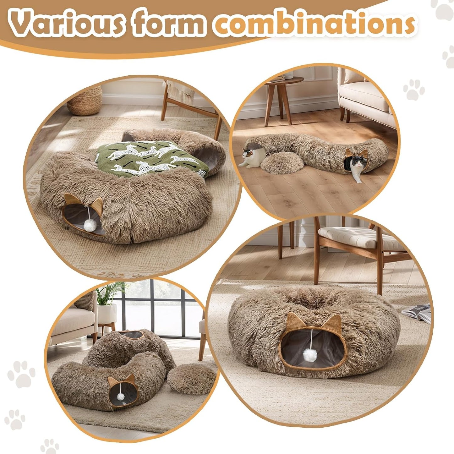 Cat Tunnel Bed for Indoor Cats, Soft Plush Donut Peekaboo Cat Cave, Multifunctional Playground Toy for Small Medium Large Cats, Kittens, Rabbits, Ferrets, with Washable Cushion (Brown)