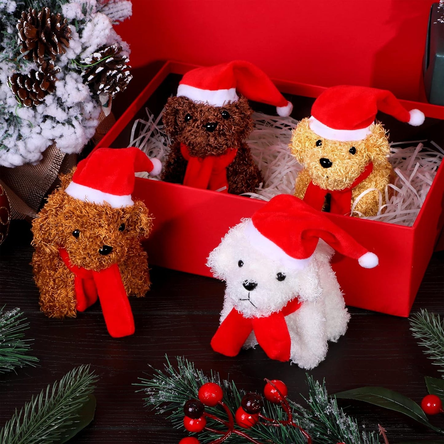 Fovths 16 Pieces 4.3 Inches Christmas Mini Plush Dogs Stuffed Animals with Santa Hat Scarf Keychain Cute Stuffed Puppy Toy Soft Stuffed Doll Goodie Bag Fillers for Christmas Party Favor, 4 Colors