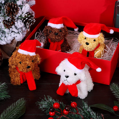 Fovths 16 Pieces 4.3 Inches Christmas Mini Plush Dogs Stuffed Animals with Santa Hat Scarf Keychain Cute Stuffed Puppy Toy Soft Stuffed Doll Goodie Bag Fillers for Christmas Party Favor, 4 Colors