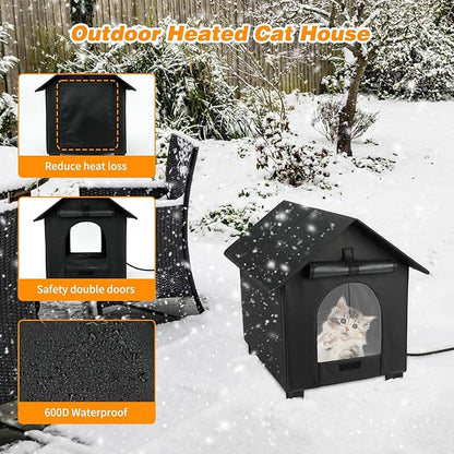 BWOGUE Extra-Large Elevated Heated Cat House for Outdoor Cats in Winter, Waterproof & Insulated Feral Cat Shelter for Outside Cats, Weatherproof Feral Cat House for Outside(Extra-Large Black)