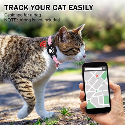 Airtag Cat Collar Breakaway, Cute GPS Cat Tracker Collars with Air Tag Holder, Safety Cat Collars with Bell & Pendant for Girl Boy Cats, Pink