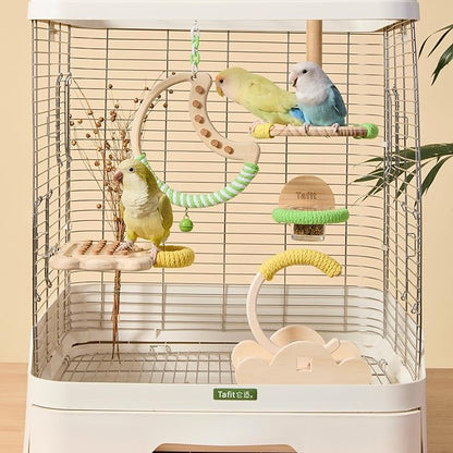 Natural Bird Swing - Tree-Shaped Parrot Perch with Bell and Cork Toys, Spinning Wooden Stand for Parakeets, Budgies, Lovebirds and Small/Medium Birds (White + Green)