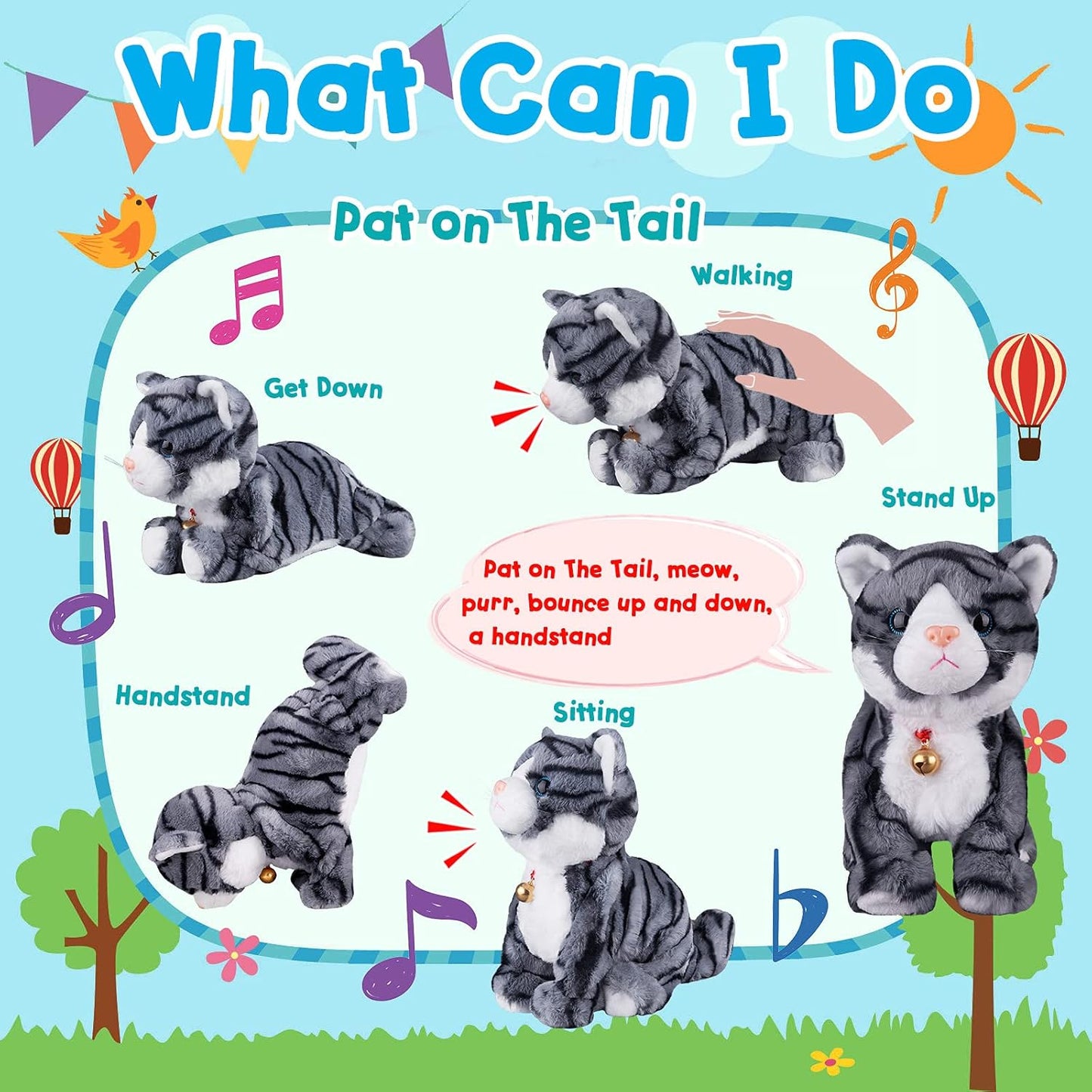 Pattern Gray Robotic Cat Toy for Kid That Move and Meow Purrs Touch Control Kitten Toys Animated Realistic Kitty Toys Kitten Robot Toy for Halloween Birthday H:12"