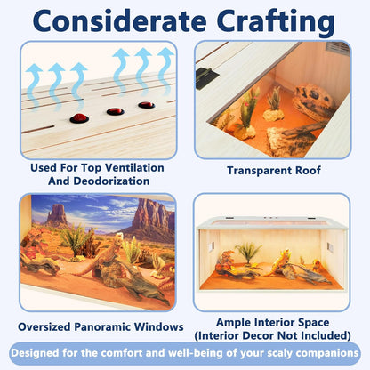 Prolee Reptile Terrarium, Lizard Tank Up to 68 Gallons, Bearded Dragon Tank with Roof Door, Snake Tank with Built-in Lamp Fixture and Switch (62 Gallon, 40" Long, Openable Wood Roof)