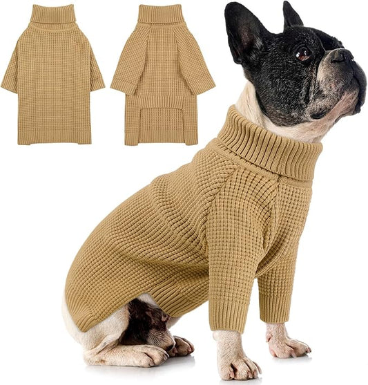 Queenmore Dog Sweater, Turtleneck Long Sleeve Knitted Dog Sweater with Check Pattern, Fall Winter Warm Pet Sweaters, Solid Pull-on Pet Sweater for Cats, Brown XS