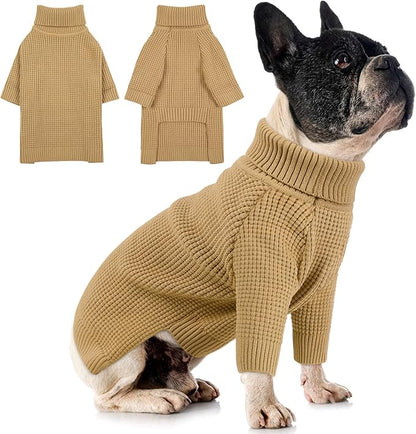 Queenmore Dog Sweater for Medium Dogs, Turtleneck Pet Sweater with Check Pattern, Fall Winter Warm Dog Sweaters, Solid Pull-on Pet Sweater for Cats,Brown M