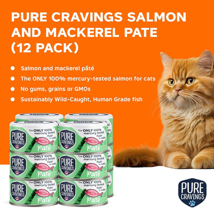 Pure Cravings Salmon and Mackerel Pate, Canned Wet Cat Food, 100% Mercury-Tested, Moist Can Fish, Grain-Free Protein, Non-GMO, 12 Pack