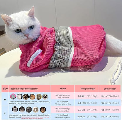 Cinf Cat Bathing Bag, Breathable Mesh Anti Scratch Adjustable Cat Grooming Bag for Nail Trimming, Bathing Soft Cat Washing Bag(Pink) M