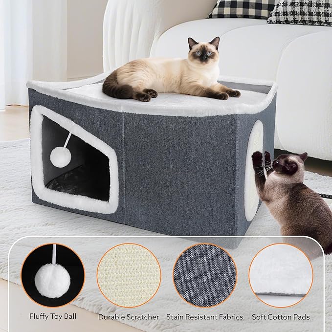Heated Cat House for Indoor, Large Cat Bed with Heating Pad, Adjustable Temperature&Timing, with Fluffy Ball Hanging and Scratch Pad, Foldable Pet Hideaway for Small Medium and Large Cats (XXL)