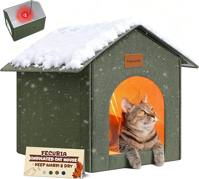 Insulated Outdoor Cat House Weatherproof, Winter Cat Houses for Outdoor Cats with Heated-Foil, Waterproof Feral Stray Cat Shelter with Warm Mat and Door Curtain, Easy to Assemble, Olive Green