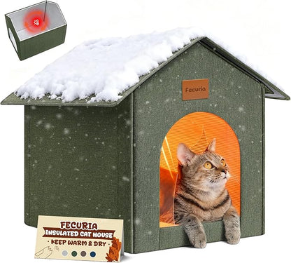 Insulated Outdoor Cat House Weatherproof, Winter Cat Houses for Outdoor Cats with Heated-Foil, Waterproof Feral Stray Cat Shelter with Warm Mat and Door Curtain, Easy to Assemble, Olive Green