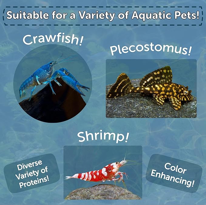 Aquatic Foods Inc. 4-Type 12mm - 1/2" Sinking Wafer Mix of Spirulina-Algae, Ultra-Worm, Shrimp, Color Enhancing for Shrimp, Snails, Crabs, Crayfish, Bottom Fish, 12-Type Pellet Mix Included...11.5oz