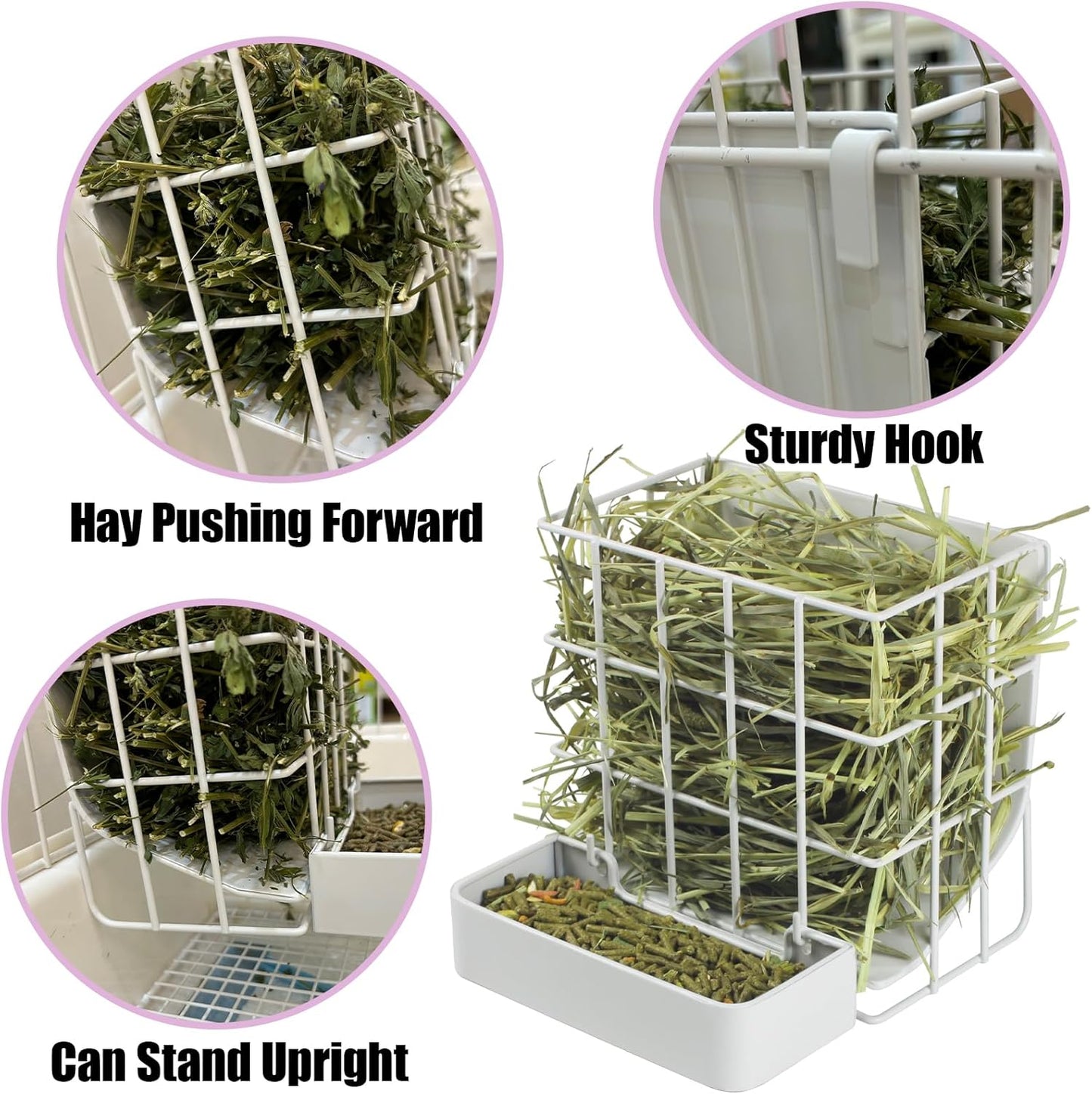Rabbit Hay Feeder Guinea Pig Hay Feeder, Hay and Food Holder with Hook Heavy-Duty Metal Frame Hay Rack，for Bunny, Guinea Pigs,Chinchillas， Comes with Two Multifunctional Zippers-6.8x6.7x6.6inch