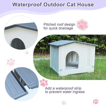 Plastic Cat House Weatherproof for Outdoor Indoor Use, Feral Cat House with Escape Door and Soft Mat, Outside Cat Shelter for Small Pet, Spacious, Assemble Easily - Grey