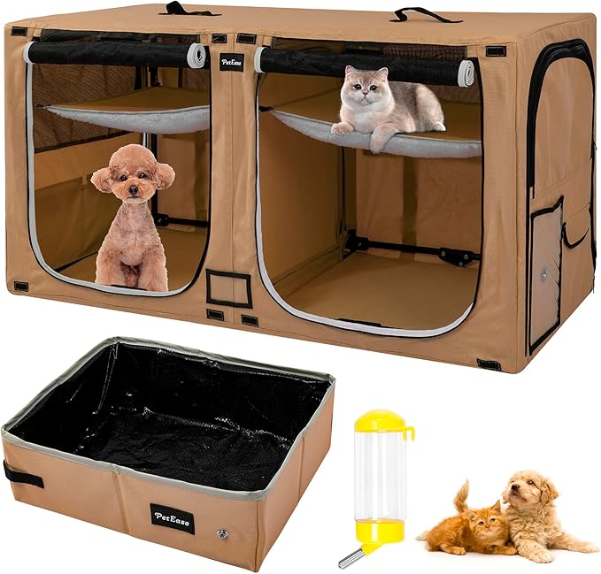 Huge Sapce Double Compartment Cat Travel Carrier with Litter Box & Homack | Cat Show Kennel Cage Crate with Mat & Water Bottle