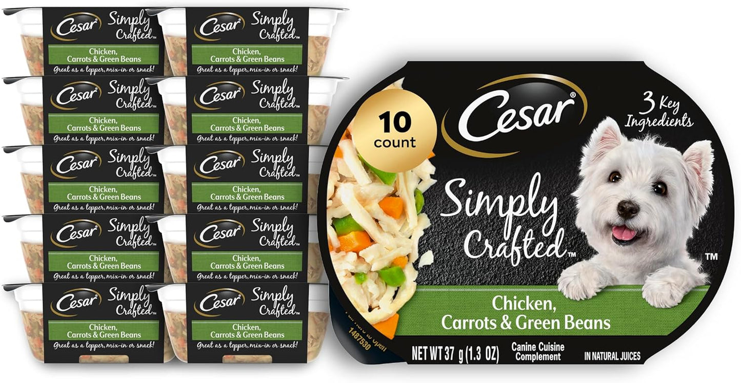 Cesar Simply Crafted Adult Wet Dog Food Meal Topper, Chicken, Carrots & Green Beans, 1.3oz. (10 Count, Pack of 1)