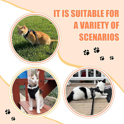 Cat Harness and Leash Set,Escape Proof Adjustable Cat Harness,Soft and Breathable Kitten Harness and Leash with Reflective Strips for Walking and Traveling(Black,S)