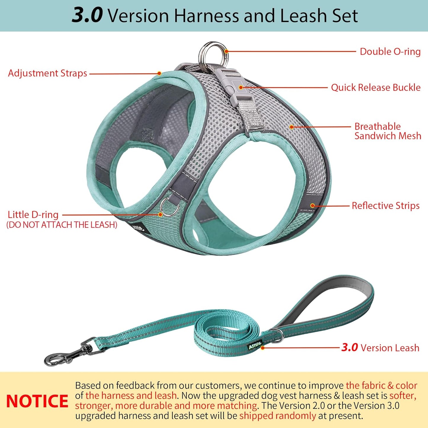 AIITLE Dog Harness, Summer No-Pull Cat Harness with a Leash, Adjustable Reflective Dog Vest, Cat Harness Escape Proof, Outdoor Walking, Camping for Extra Small Dogs and House Cats Turquoise XXXS