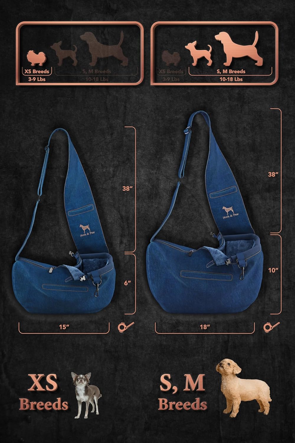 Noah & Paw Dog Sling Carrier for Small Dogs 5-18lb, Dog Sling for Small Dogs and Cats, Dog Carrier with Adjustable Padded Strap, Vegan Denim Lined with Fur, 3X Safety Features, Machine Washable