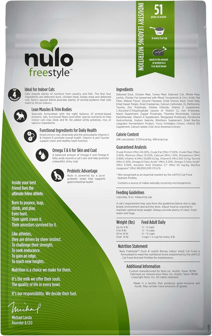 Nulo FreeStyle High Protein Indoor Cat Food, Duck & Cod Recipe - Natural Grain-Free Dry Indoor Cat Food with Omega Fatty Acids, & Probiotics, 4 lb