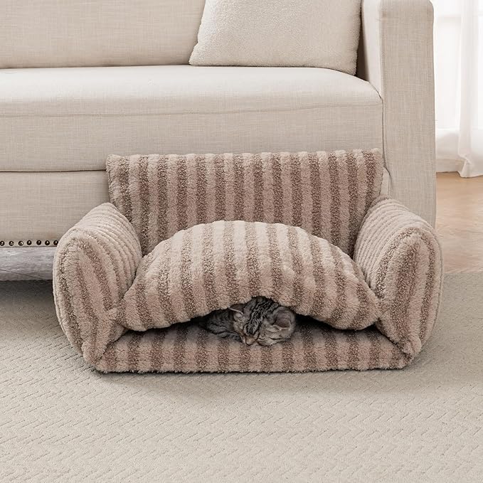 Hollypet Cat Bed Fluffy Plush Mutifuctional Double-Layer Soft Pet Couch Orthopedic Sofa Nest Beds for Small Cats and Dogs, Khaki (25x20x13 inch)