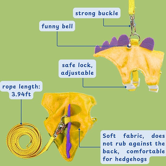 Adjustable Hedgehog Leash and Harness with Safe Bell, Dinosaur Shaped Harness Leash for Training Playing, Hamster Clothes for Ferret Guinea Pig Hamster, Hedgehog Accessories (Yellow)