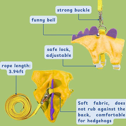 Adjustable Hedgehog Leash and Harness with Safe Bell, Dinosaur Shaped Harness Leash for Training Playing, Hamster Clothes for Ferret Guinea Pig Hamster, Hedgehog Accessories (Yellow)