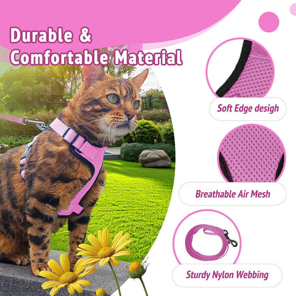 Cat Harness and Leash Set,Escape Proof Adjustable Cat Harness,Soft and Breathable Kitten Harness and Leash with Reflective Strips for Walking and Traveling(Pink, Small(8.9-16.6lb))
