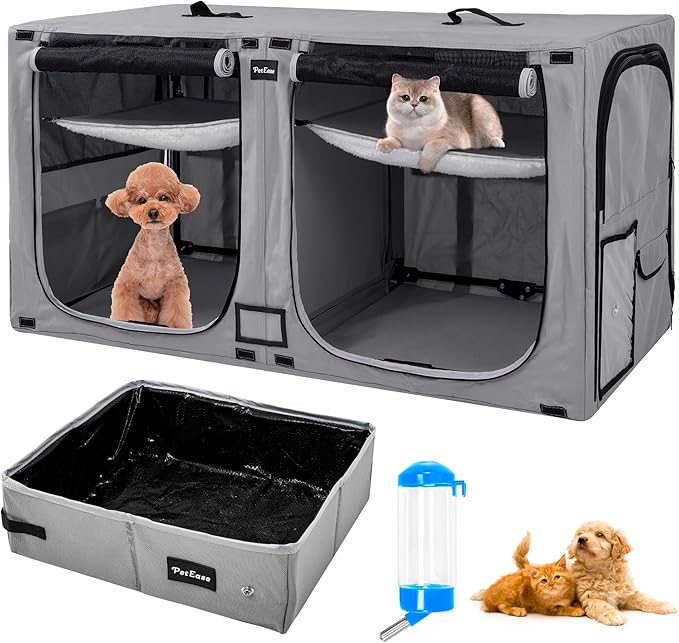 Huge Sapce Double Compartment Cat Travel Carrier with Litter Box & Homack | Cat Show Kennel Cage Crate with Mat & Water Bottle