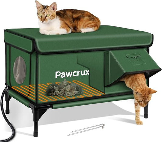 Weatherproof Heated Cat House for Outdoor in Winter, Heated Cat Bed Kitty Shelter with Cat Heating Pad, Insulated & Safe Escape Door, Warm House for Outside Stray Cat (Green, 17.7"x25.5"x17.9")