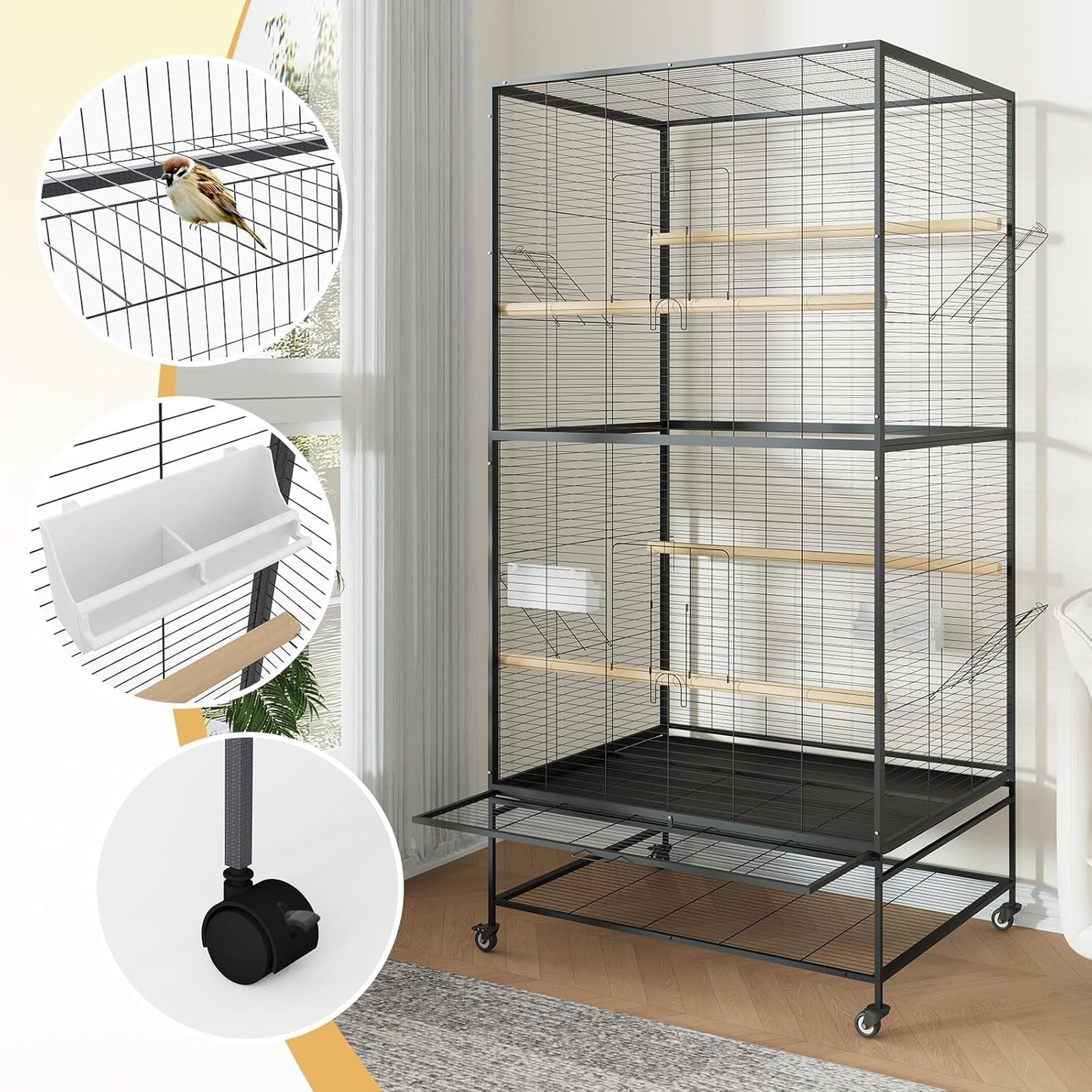 66 Inch Large Bird Cage Metal Parrot Cage with Storage Shelf for Mid-Sized Parrots Cockatiels Conures Parakeets Lovebirds Budgie Finch Black