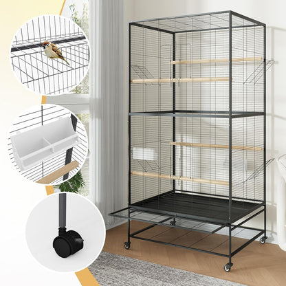 66 Inch Large Bird Cage Metal Parrot Cage with Storage Shelf for Mid-Sized Parrots Cockatiels Conures Parakeets Lovebirds Budgie Finch Black