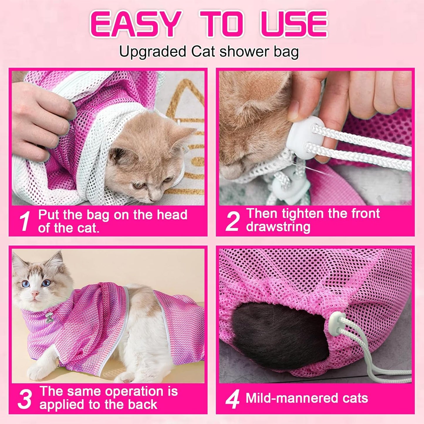 FANOVO Cat Bathing Bag, Anti-Scratch & Anti-Bite Adjustable Mesh Cat Shower Bag with Nail Clipper, Grooming Comb, Bath Brush & Nail File, Breathable Cat Washing Bag for Bathing, Nail Trimming