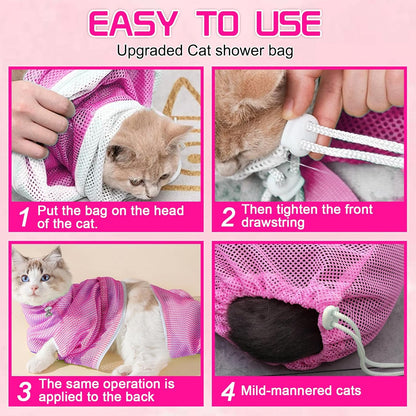 FANOVO Cat Bathing Bag, Anti-Scratch & Anti-Bite Adjustable Mesh Cat Shower Bag with Nail Clipper, Grooming Comb, Bath Brush & Nail File, Breathable Cat Washing Bag for Bathing, Nail Trimming