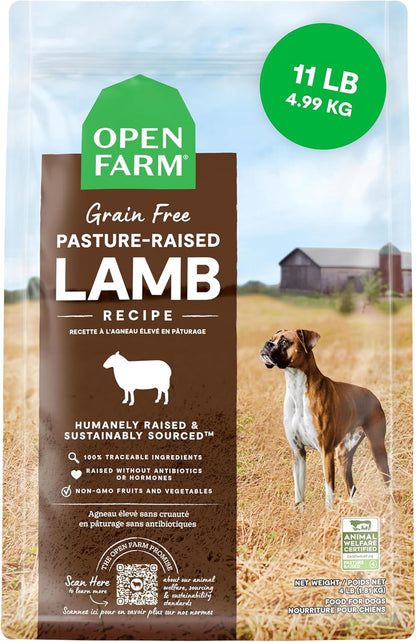 Open Farm, Grain-Free Dry Dog Food, Complete & Balanced Kibble, Sustainably & Ethically Sourced Ingredients, Non-GMO Veggies & Superfoods Support Overall Health, Pasture Raised Lamb Recipe, 11lb Bag