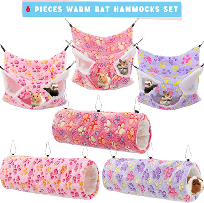 Sweetude 6 Pcs Rat Hammock Set Ferret Hanging Tunnel 3 Tier Guinea Pig Hammocks Hideout Soft Chinchilla Bed for Cage Accessories Hide,Play and Sleep(Dreamy,Paw)