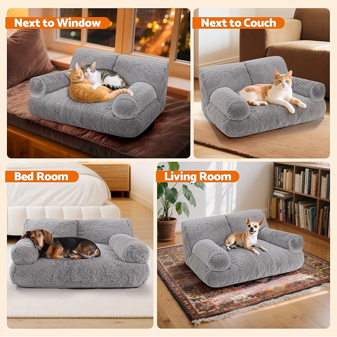Gimars Upgrade Large Cat Bed for Indoor Cats -Added 10% More Stuff Sponge, Orthopedic Pet Couch Beds with Bolstered Edges, Fluffy Washable & Removable Cover, Anti Slip Base, Grey