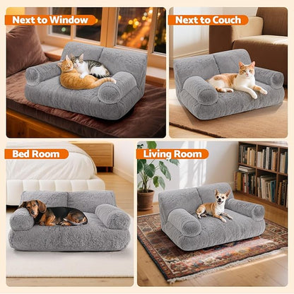 Gimars Upgrade Large Cat Bed for Indoor Cats -Added 10% More Stuff Sponge, Orthopedic Pet Couch Beds with Bolstered Edges, Fluffy Washable & Removable Cover, Anti Slip Base, Grey