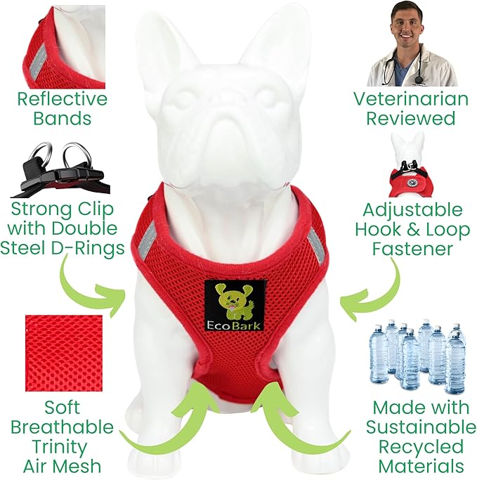 EcoBark Step in Dog Harness - Eco-Friendly Teacup Dog Harnesses for XXS, XS, and Small Dogs - Reflective and Adjustable Mini Body Halter Vest -Tiny Soft Mesh Toy Breed Harness (Red, XXXS)