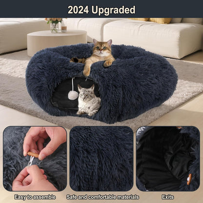 Cute Donut Cat Tunnel, Large Foldable Fluffy Tunnel with Washable Pads and Toy Balls for Indoor Cats