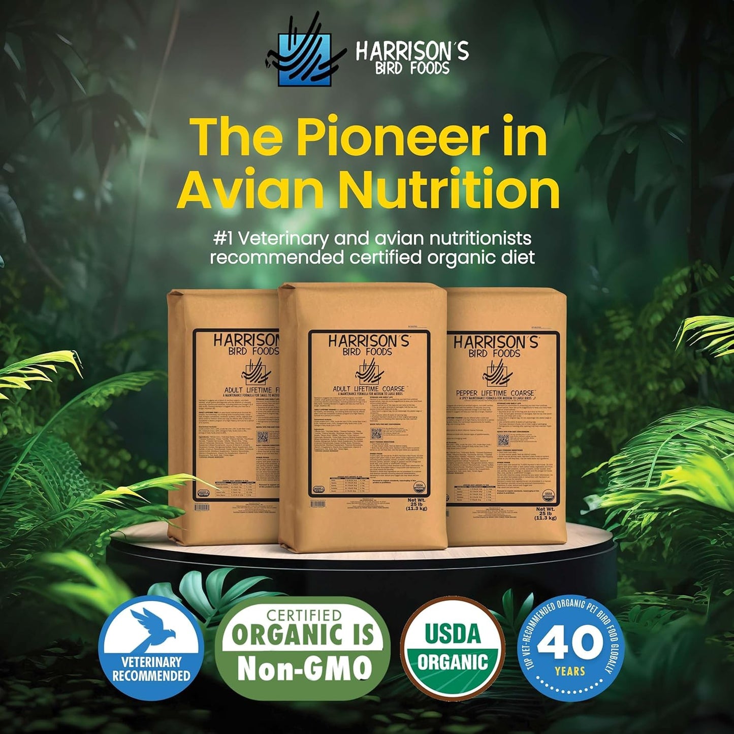 Harrison's Bird Foods Adult Lifetime Coarse Certified Organic Non-GMO Bird Food 25lb