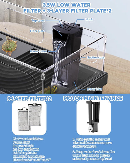 Small Turtle Tank Kit, Acrylic Turtle Tank Starter Kit with Basking Platform, Bottom Drainage, Multi-Function Areas for Turtles, Crabs, Crayfish, Small Reptiles. (Black Kit)