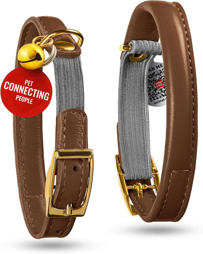 WAUDOG Ultra Soft Rolled Leather Cat Collar with Removable Bell, Safety Elastic Strap and QR ID Tag - Soft Padded for Small, Medium, and Large Cats - Round Kitten Collar for Male and Female Cats
