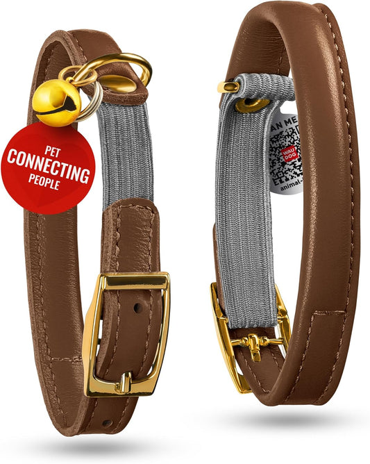 WAUDOG Ultra Soft Rolled Leather Cat Collar with Removable Bell, Safety Elastic Strap and QR ID Tag - Soft Padded for Small, Medium, and Large Cats - Round Kitten Collar for Male and Female Cats
