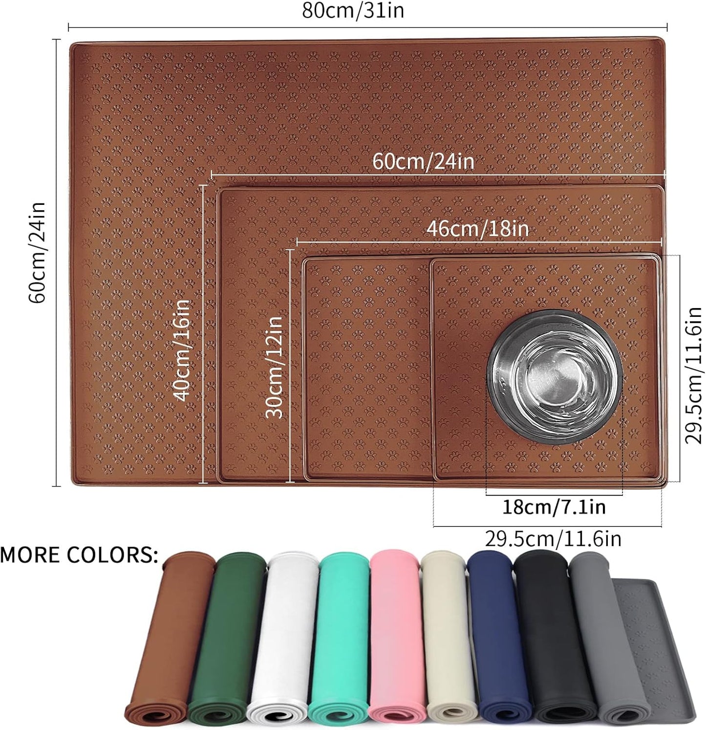 Ptlom Dog Food Mat Anti-Slip Bowl Mats for Food and Water, Waterproof Silicone Pet Placemat with High Raised Edges, Non-Slip Puppy Feeding Tray for Small, Medium Large Cats Dogs, Brown, 24.5" 16.5"