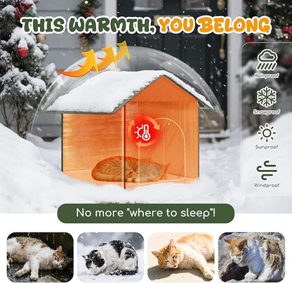 Insulated Outdoor Cat House Weatherproof, Winter Cat Houses for Outdoor Cats with Heated-Foil, Waterproof Feral Stray Cat Shelter with Warm Mat and Door Curtain, Easy to Assemble, Olive Green