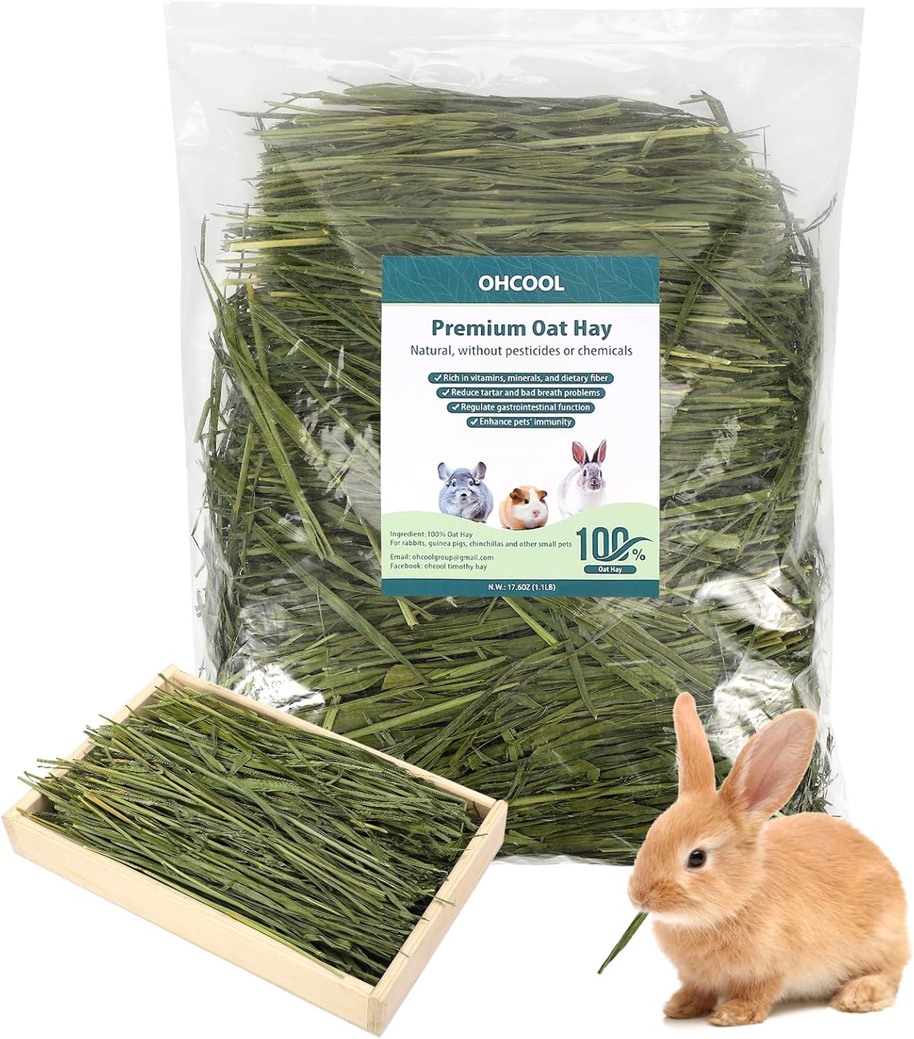 Premium Oat Hay for Pets - Dust Free Natural Green Fresh Pet Food Hay for Rabbits, Guinea Pigs, Chinchillas, Hamsters & Gerbils - 2.2lbs (2 packs of 1.1lbs）