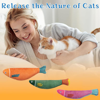 Soft Catnip Toys Fish, 3 Pack Bell Sound Cat Toys, Interesting Indoor Cat Kicker Toys, Durable and Highly Interactive Catnip Toys (Saury Fish)