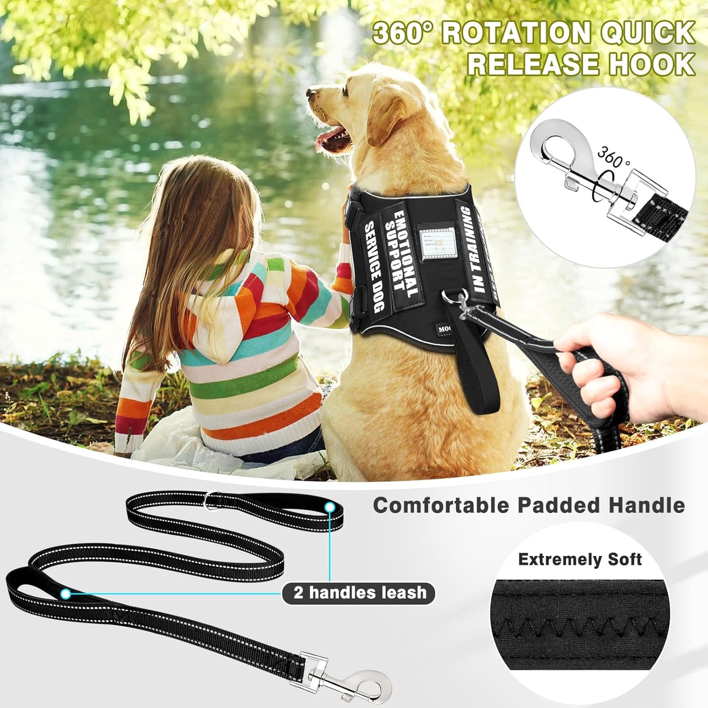 Service Dog Vest Harness and Leash Set+10 Patches,No Pull&Easy Walk Reflective Dog Harness with Soft Padded Handle for Training/Everyday,Fit Small/Medium/Large/Extra-Large Dogs(Black XL)