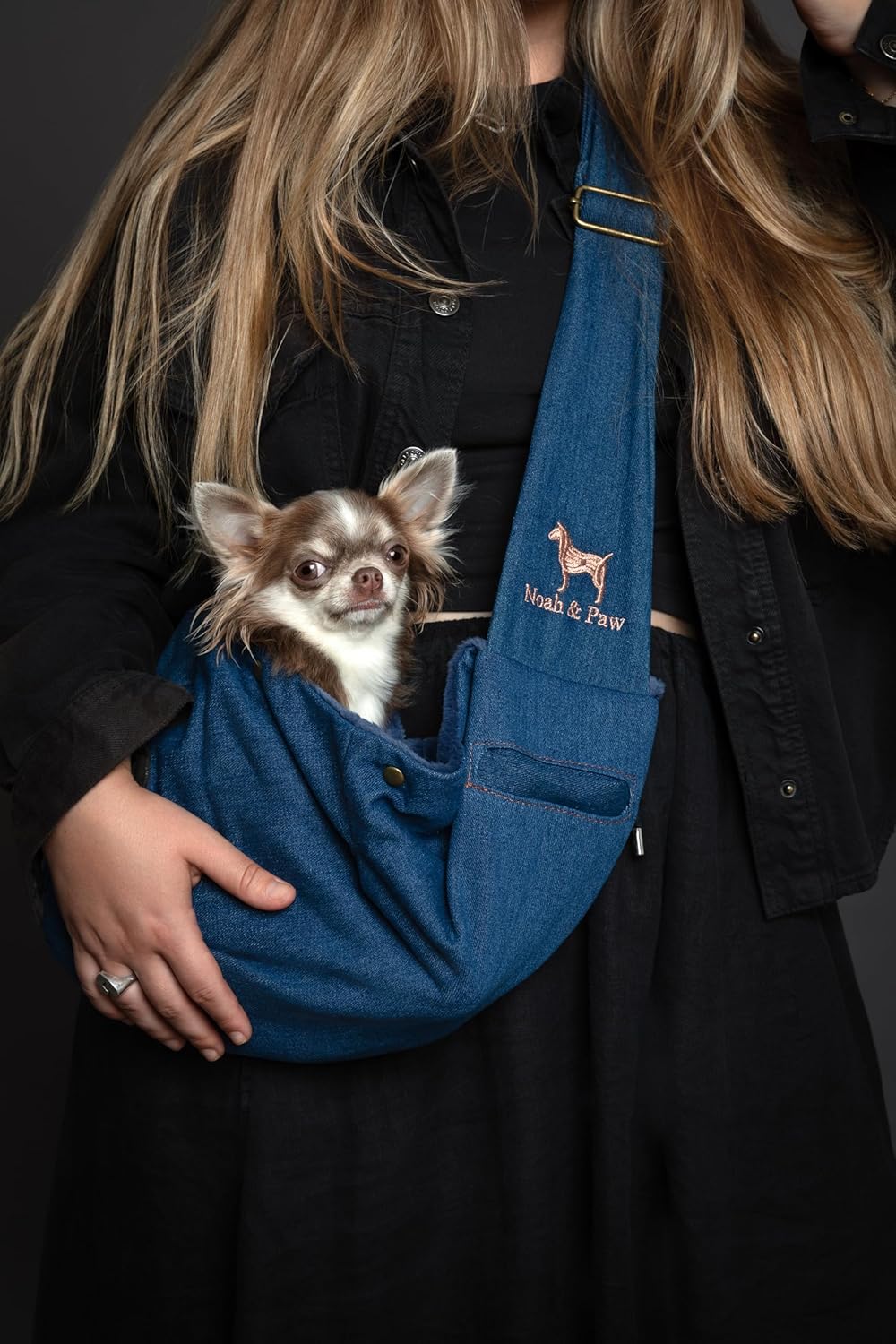 Noah & Paw Dog Sling Carrier for Small Dogs 3-10lb, Dog Sling for Small Dogs and Cats, Dog Carrier with Adjustable Padded Strap, Premium Denim, Lined with Fur, Double Safety Feature, Machine Washable